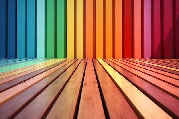 A colorful wooden platform with a fence railing in the background Generative Ai