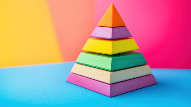 Colorful Wooden Pyramid on Blue Background