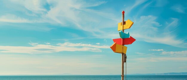 Photo colorful wooden signpost on a beach with a blue sky