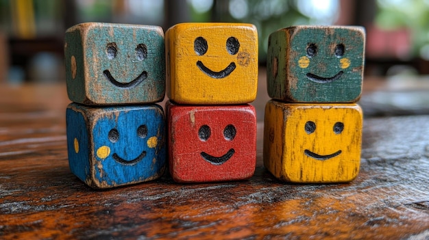 Photo colorful wooden smiley blocks generative ai