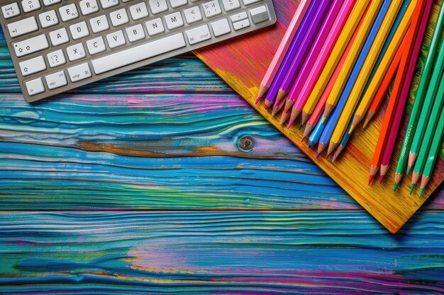 Photo a colorful wooden table with a white keyboard and colorful pencils on it