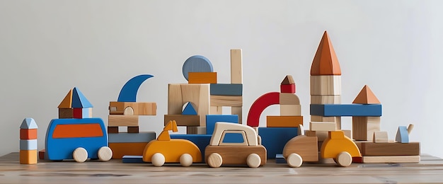 Photo colorful wooden toy cars and blocks arranged to form a city on a wooden table