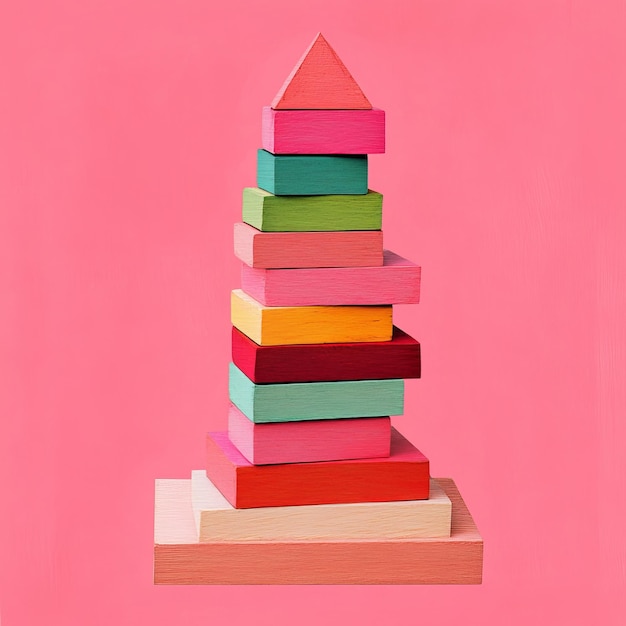 Photo colorful wooden toy pyramid isolated on pink background copy space