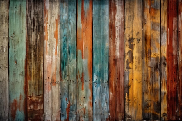 Colorful wooden wall with various paint shades created with Generative AI technology