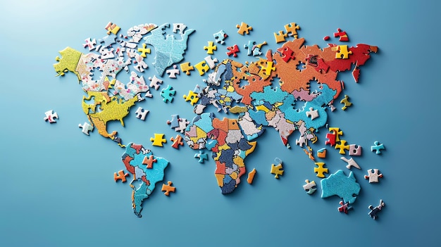 Photo a colorful world map made of puzzle pieces on a blue background with some pieces missing