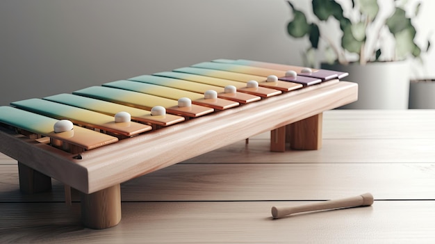 A colorful xylophone sits on a wooden table.