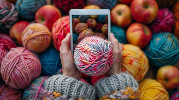 Photo colorful yarn and apples display crafting supplies for knitting or crochet