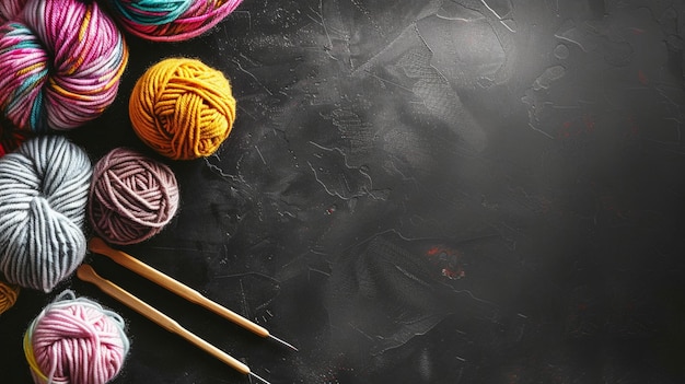 Photo colorful yarn balls and knitting needles on dark background crafting and diy inspiration