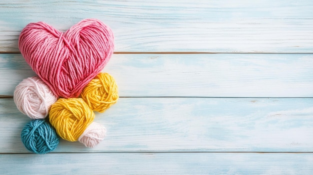 Photo colorful yarn balls with pink heart on wooden background