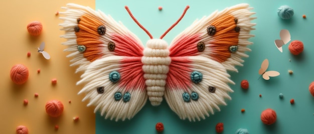 Colorful Yarn Butterfly Art on Split Yellow and Teal Background with Yarn Balls