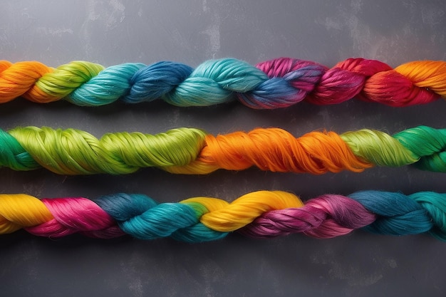 Photo colorful yarn on gray background template of colors rope