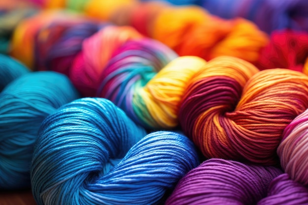 Colorful yarn for knitting as background closeup view A colorful yarn for knitting is shown in a close up shot AI Generated