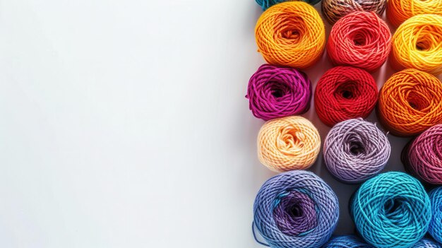 Photo colorful yarn rolls arranged in a grid pattern on a clean white background providing ample space for creative text placements generative ai