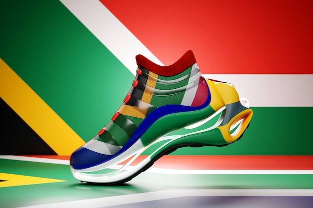 Colorful yellow sneaker with the national flag of the Republic of South Africa on the sole The concept of bright trendy sneakers 3D rendering