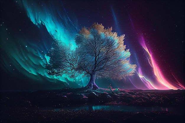 Colorful yggdrasil with northern lightsgenerative ai