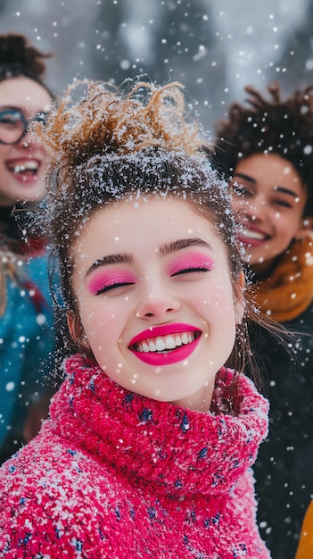 Photo colorful young woman in pink sweater smiling in winter snow with friends