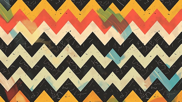 Colorful zigzag pattern with red yellow black white and green stripes forming a dynamic abstract des