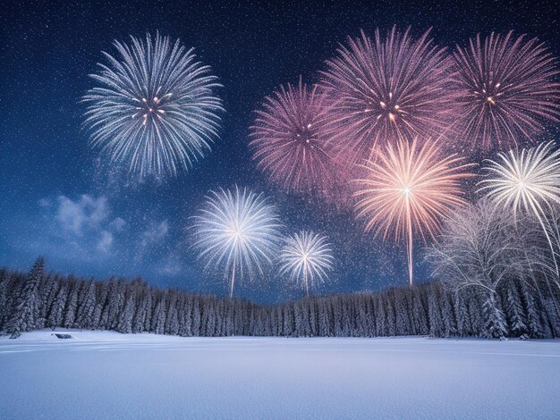 Colorfull firework and snow winter season background