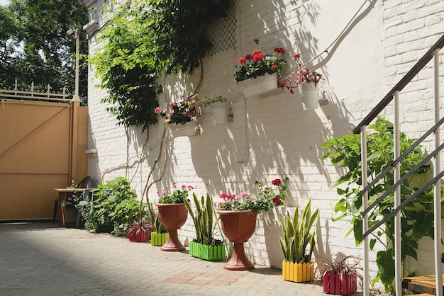 Colorfull floral street with white brick wall in mediterranean town