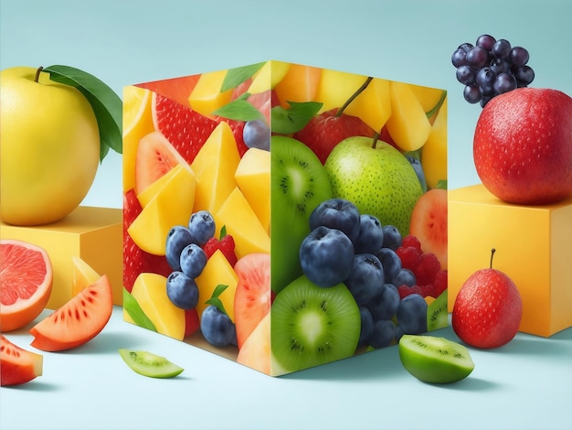 Colorfull fruits in square box creative composition summer light Generative AI Illustration