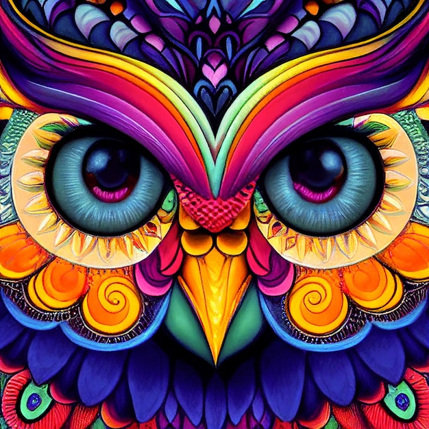 Colorfull Owl head close up eyes illustration mascot Rendered Computer Generated image AI