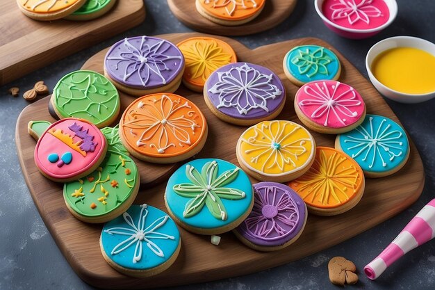 Colorfully decorated cookies on a cutting board