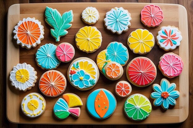 Colorfully decorated cookies on a cutting board