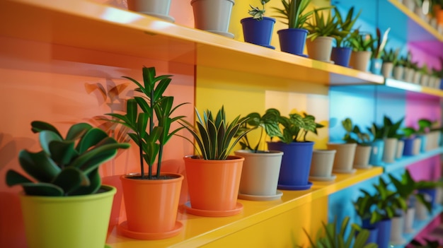 Colorfully potted plants line shelves creating a rainbow of greenery