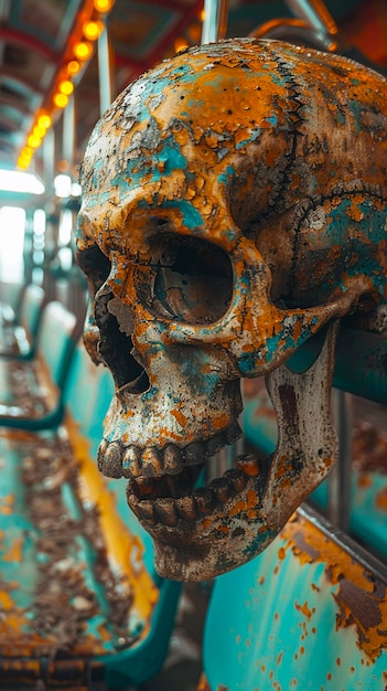 Photo colorfully weathered skeleton on display at eclectic outdoor venue in daylight generative ai