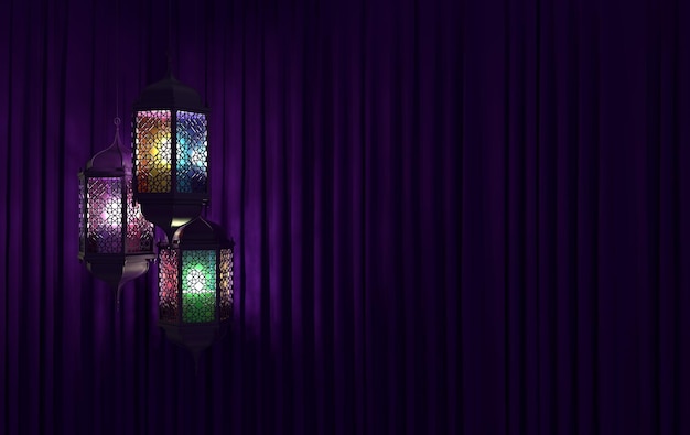 Colorgul lantern with candle lamp with arabic decoration purple curtains  ramadan kareem