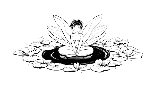 Coloring book for adults fairy floating on a lily whimsical black and white Generative AI