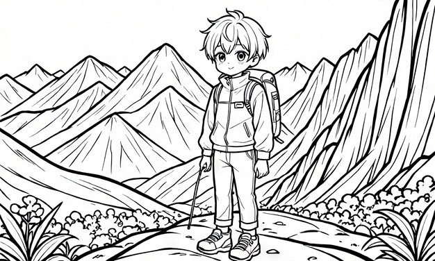 Coloring Book Boy Exploring Mountain Terrain Generated by AI