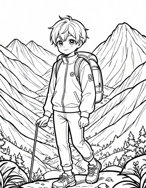 Coloring Book Boy Exploring Mountain Terrain Generated by AI