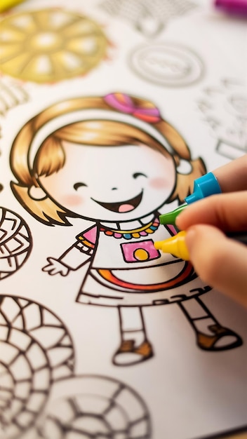 Photo coloring book for children girl character selective soft focus