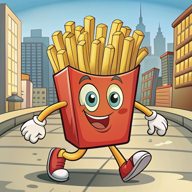 Photo coloring book french fries walking in city vintage style