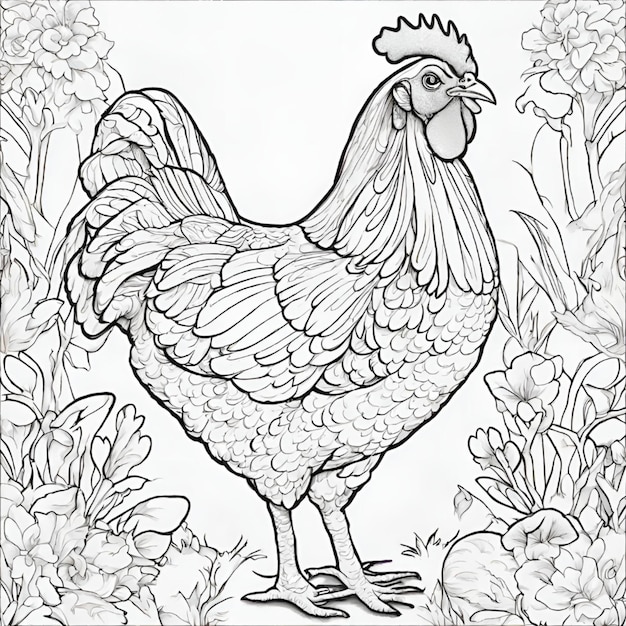 Photo coloring book for kids jungle jungle animals chicken cock rooster