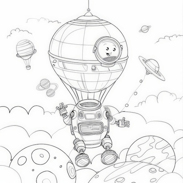 Photo a coloring book page for kids with a friendly space robot going on a hot air balloon ride on a new p