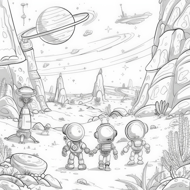 Photo a coloring book page for kids with a group of space robots exploring a mysterious alien planet shiny metallic alien landscape futuristic adventure crisp lines