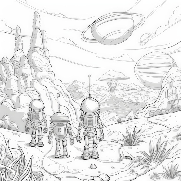 Photo a coloring book page for kids with a group of space robots exploring a mysterious alien planet shiny