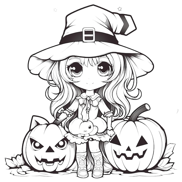 coloring book page of little witch