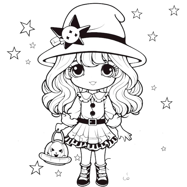 coloring book page of little witch