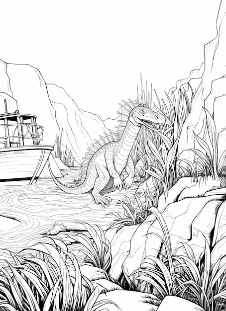 coloring book page of Spinosaurus Fishing at the Jungle Waters Edge