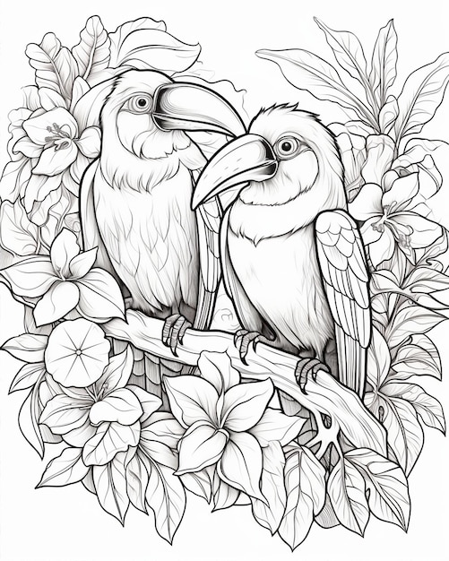 Photo coloring book page with two birds