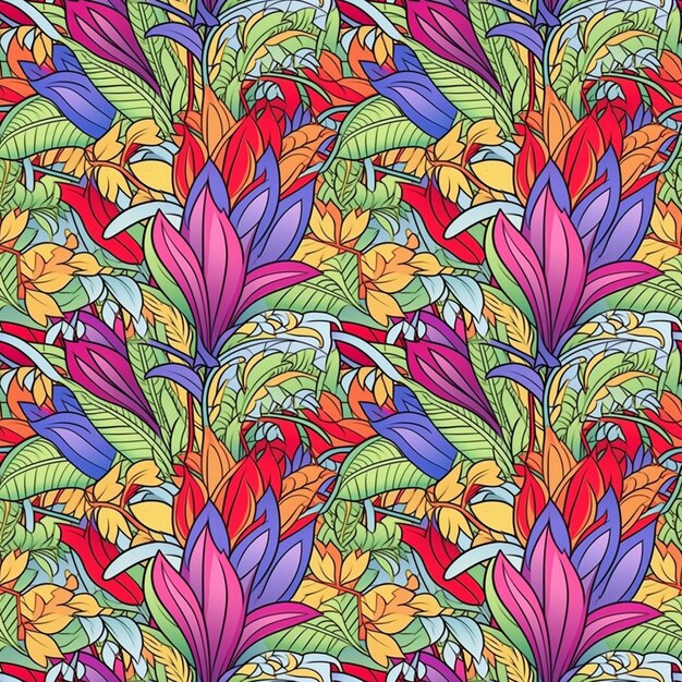 Coloring Book Style Colorful Flower Seamless Pattern