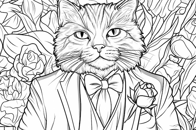 Photo a coloring book with an anthropomorphic cat a whimsical and detailed black and white illustration