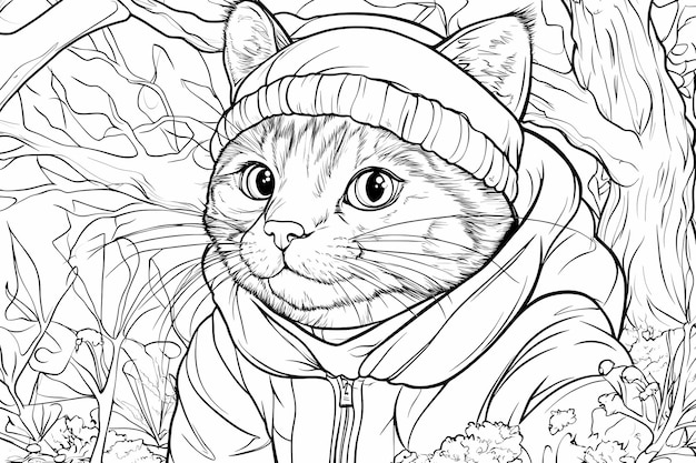 Photo a coloring book with an anthropomorphic cat a whimsical and detailed black and white illustration