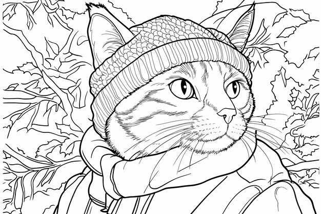 Photo a coloring book with an anthropomorphic cat a whimsical and detailed black and white illustration