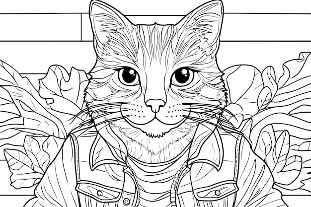 Photo a coloring book with an anthropomorphic cat a whimsical and detailed black and white illustration