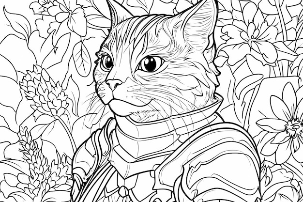 Photo a coloring book with an anthropomorphic cat a whimsical and detailed black and white illustration