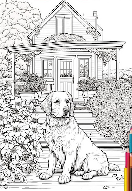 a coloring book with a dog sitting in front of a house generative ai